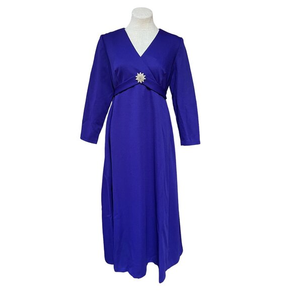 60s Vintage Hostess Dress Royal Purple Empire Waist Maxi Length Long Sleeve - Picture 1 of 9